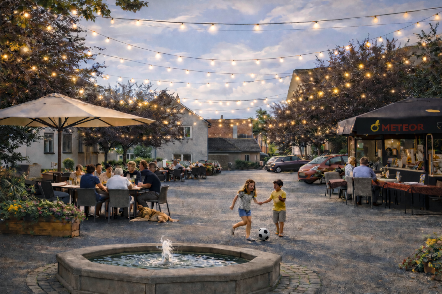 Photo de la Place Geoffroy Velten avec des stands, des enfants et des lumières, rendant le lieu vivant